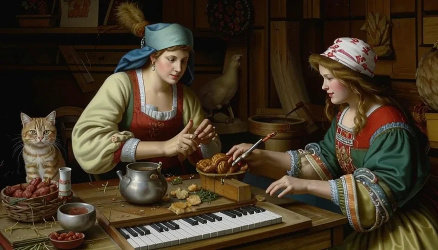 A scene in a flemish peasant household in the 17th century. People are going about their typi...webp