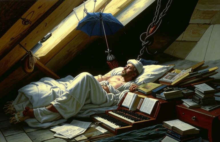 Painting in a 19th century Romanticist style. A poor poet with a white Phrygian cap is lying i...jpg