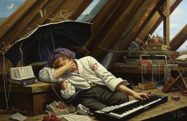 Painting in a 19th century Romanticist style. A poor poet with a white pointy cap is lying in ...jpg