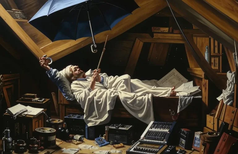 Painting in a 19th century Romanticist style. A poor poet with a white pointy cap is lying in...webp