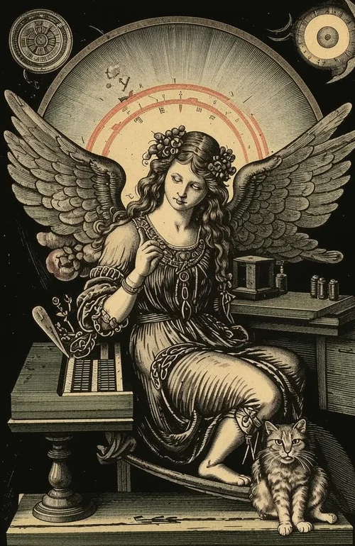 Copper engraving in 15th century Renaissance style. A grumpy angel, laurels in her hair, her ...webp