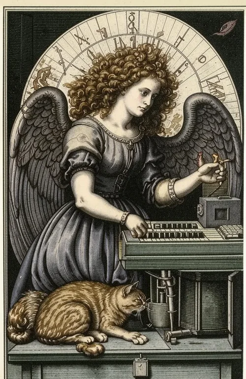 Copper engraving in 15th century Renaissance style. A grumpy angel, laurels in her hair, her ...webp