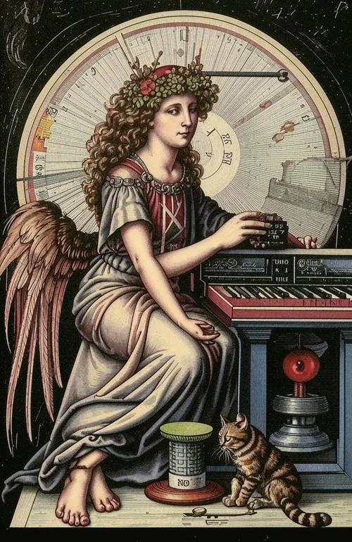 Copper engraving in 15th century Renaissance style. A grumpy angel, laurels in her hair, head...webp