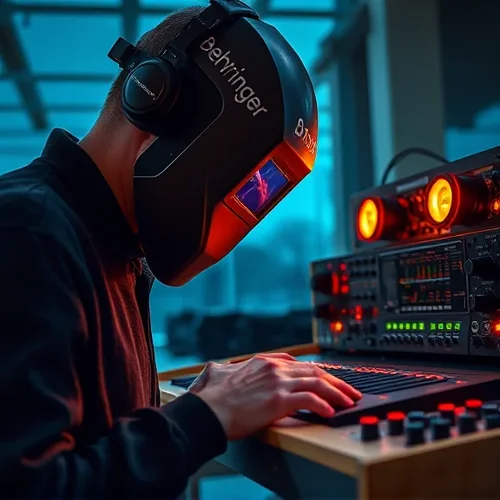 man with welding mask looking at a synthesizer with blinking lamps, %22behringer%22 writtten ...webp man with welding mask looking at a synthesizer with blinking lamps, %22behringer%22 writtten ...webp