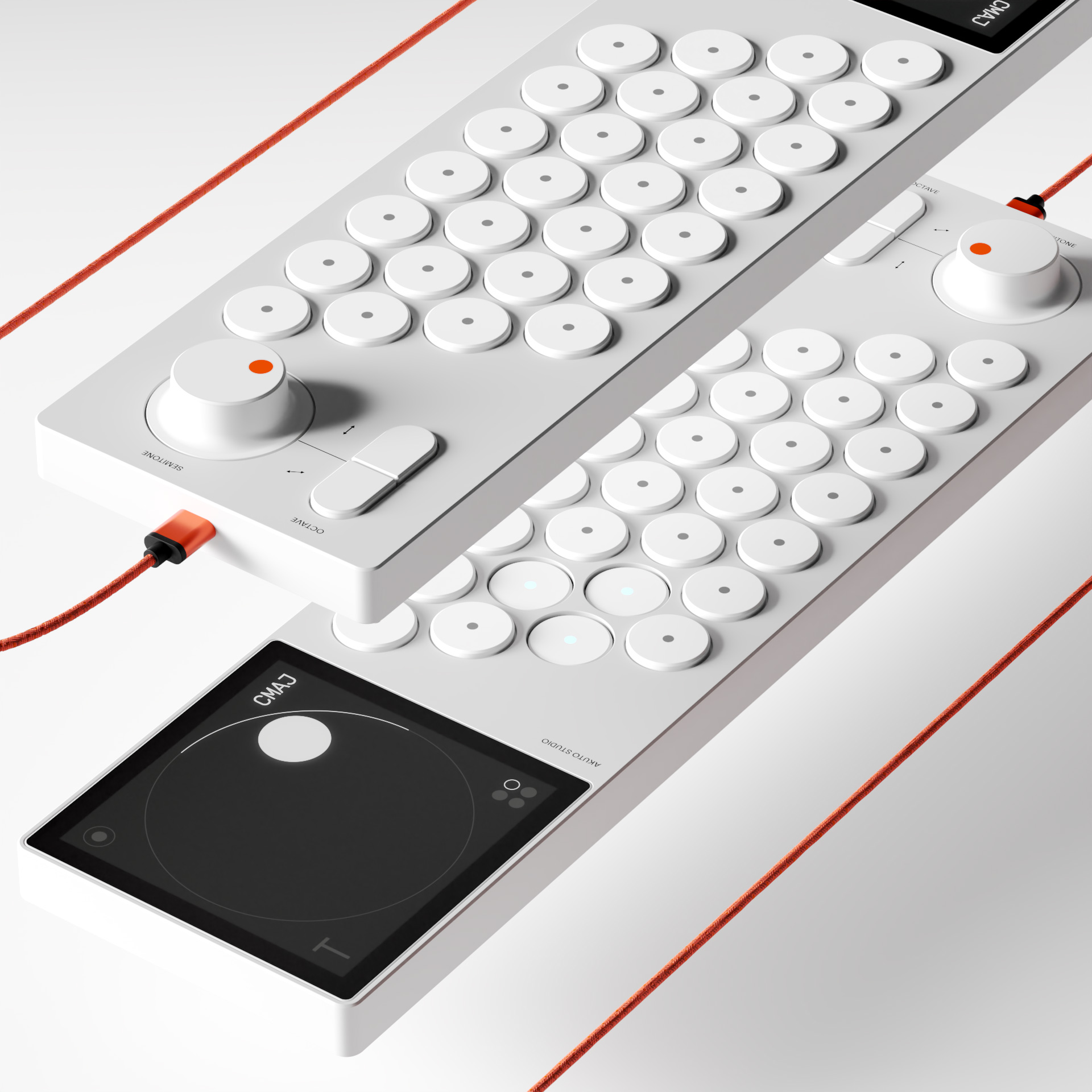 Packshot render of two Akuto Chord Machines AKT-0.1 showing the left and right handed orientations.
